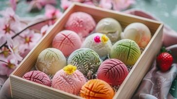Assorted mochi in a wooden gift box