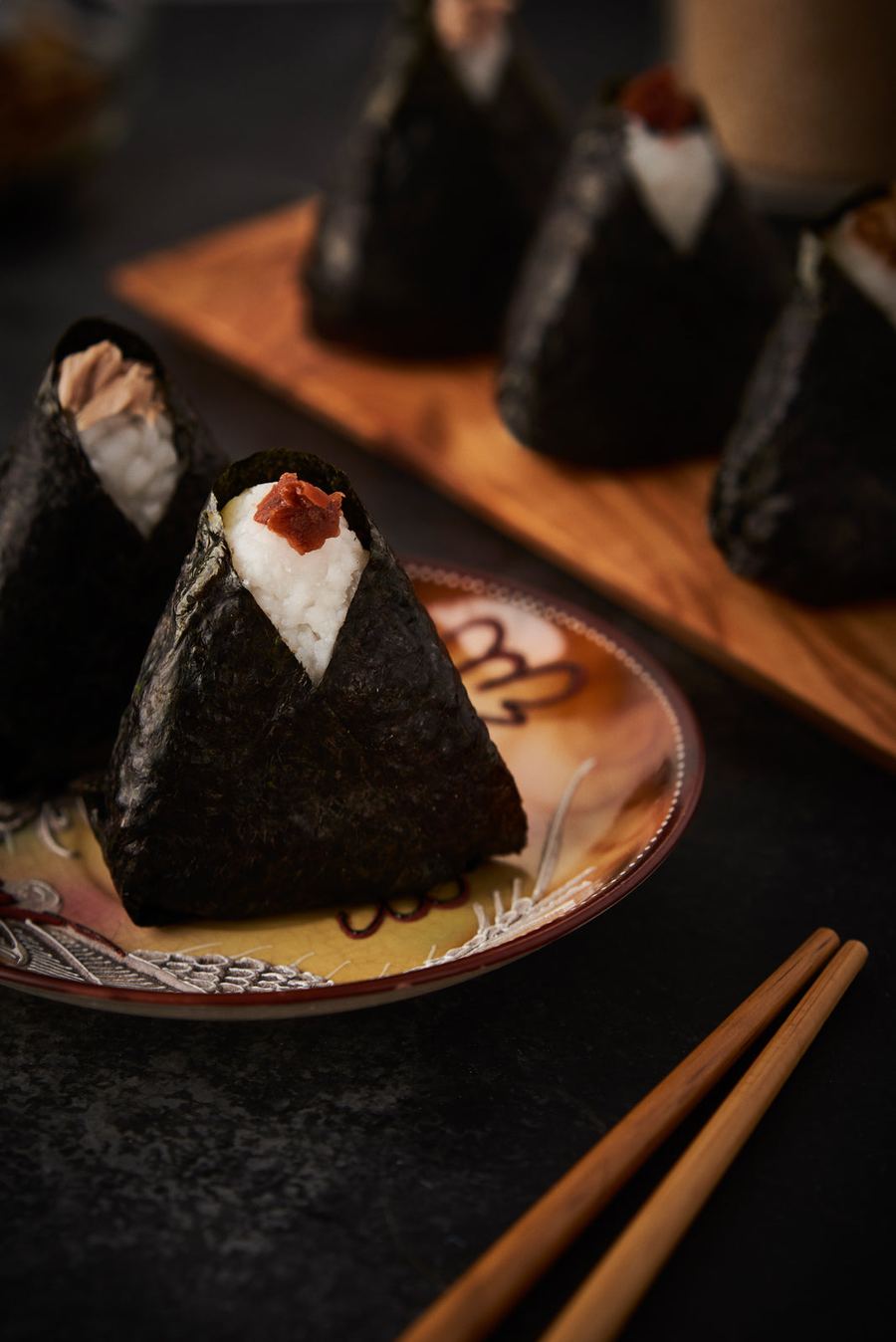 Hand-pressed onigiri rice balls
