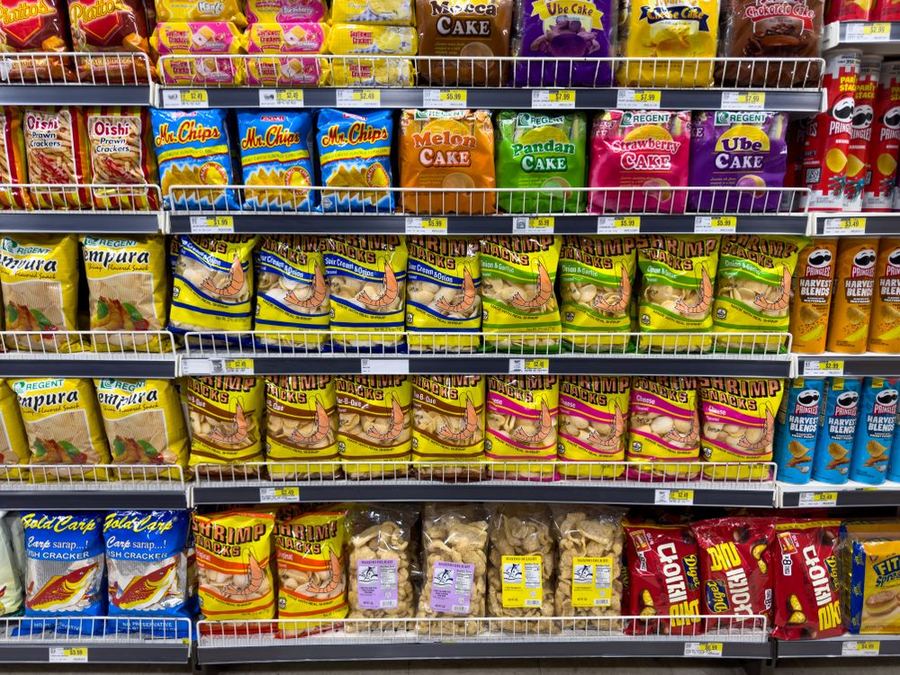 Colorful shelves packed with Asian snacks