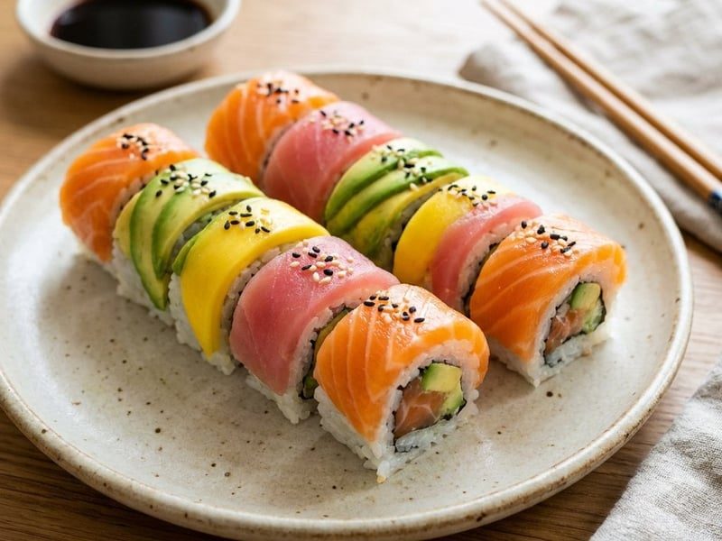 Rainbow sushi rolls with salmon, tuna and avocado