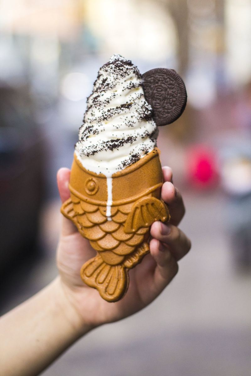 Taiyaki fish cone with soft serve ice cream