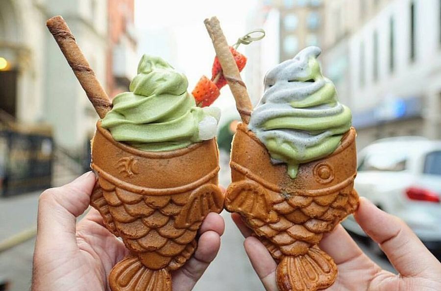 Taiyaki fish cones with matcha soft serve