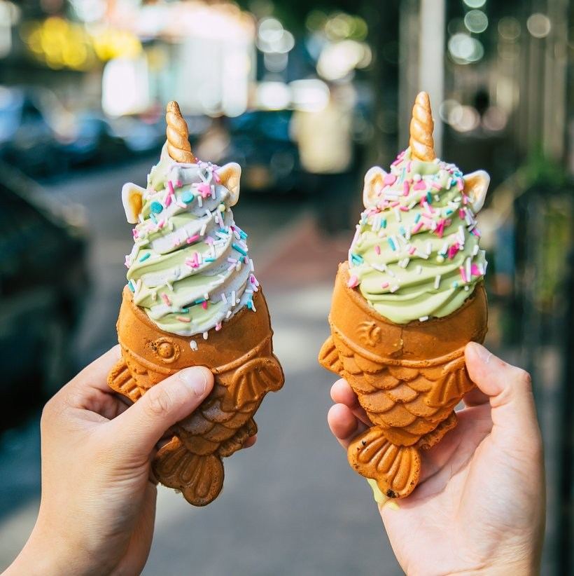 Unicorn taiyaki soft serve cones